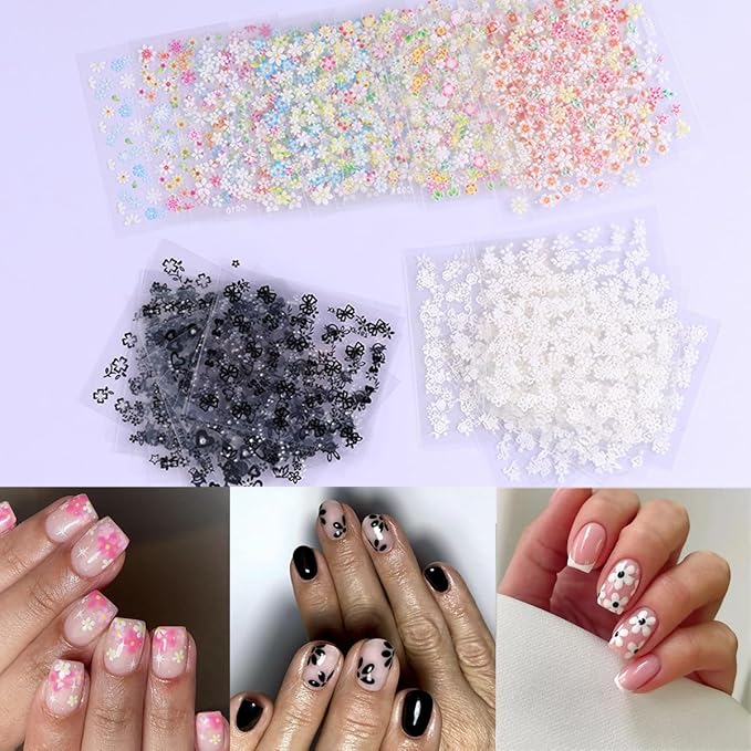 30 Sheets Flower Nail Stickers for Nail Art 3D Self Adhesive Cherry Blossoms Daisy Nail Decals Colorful White Black Designs Summer Flowers Nail Art Stickers for Women DIY Acrylic Manicure Supplies