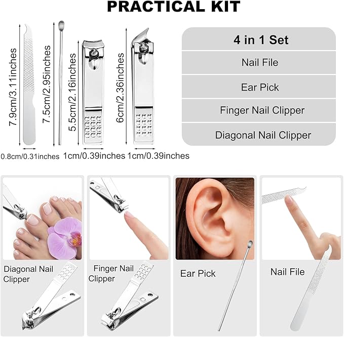 10 Sets Finger Nail Clipper Set Bulk,4 in 1 Black Adult Stainless Steel Travel Manicure Kit with Case Individually Wrapped Nail Clippers Bulk for Homeless,Hotel,Charity