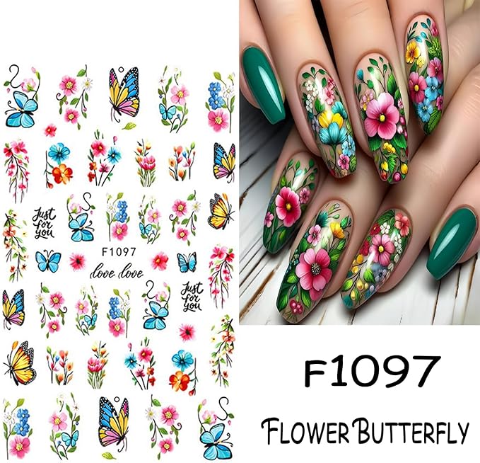 8 Sheets Butterfly Flower Nail Art Stickers 3D Self-Adhesive Spring Summer Nail Sticker Flower Nail Art Decals Holographic Blossom Nail Decal Decoration for Women Colorful Butterfly Manicure Supplies