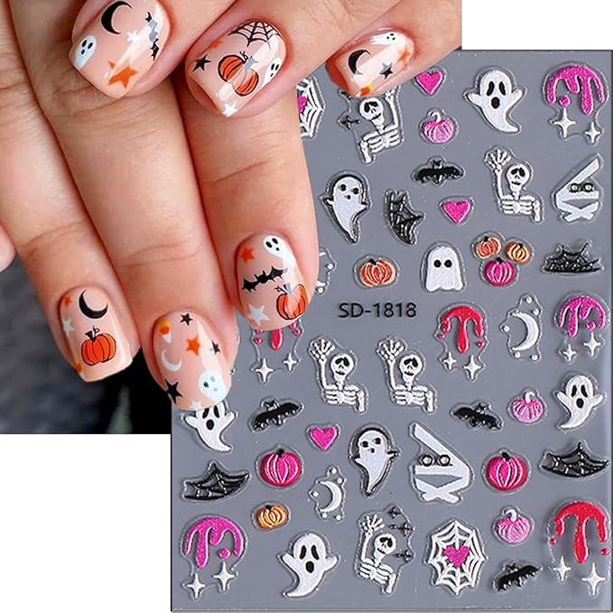 5Pcs Halloween Nail Art Stickers Decals 5D Cute Pumpkin Ghost Nail Stickers Bloody Spider Web Bat Skeleton Goth French Nails Design Decals Spider Nail Supplies for Women Halloween Salon Manicure