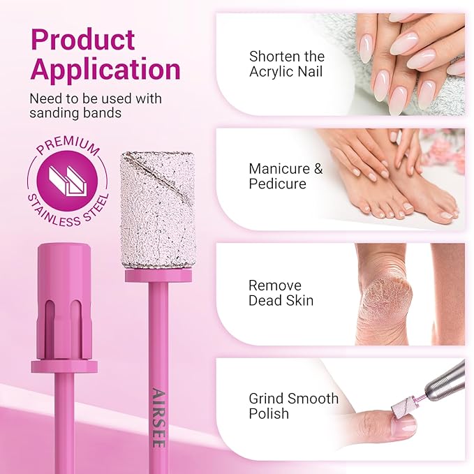 AIRSEE Nail Drill Mandrel Bit for Efile Sanding Bands, Stainless Steel Professional Electric File Head for Clean Cuticle Removing, Acrylic Tip Dead Skin Sander Remover Manicure Safety (Rose Pink)