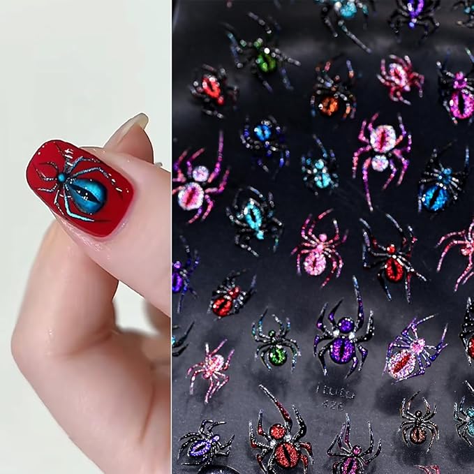 5D Embossed Spider Nail Stickers for Nail Art Halloween Nail Art Stickers Glitter Colorful Spider Nails Decals Holiday Nails Supplies for Women Halloween Acrylic Manicure Decoration Accessories 1Pcs