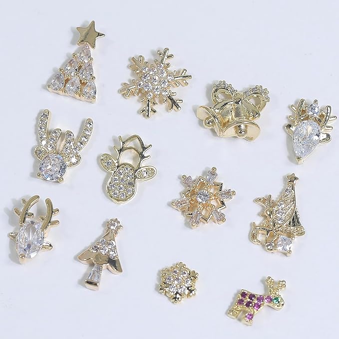 HNUIX 3D Nail Charms - Multi Shape, Zircon, Jewelry, Christmas, Gems Rhinestones, Gold Metal Base, for Nail Art