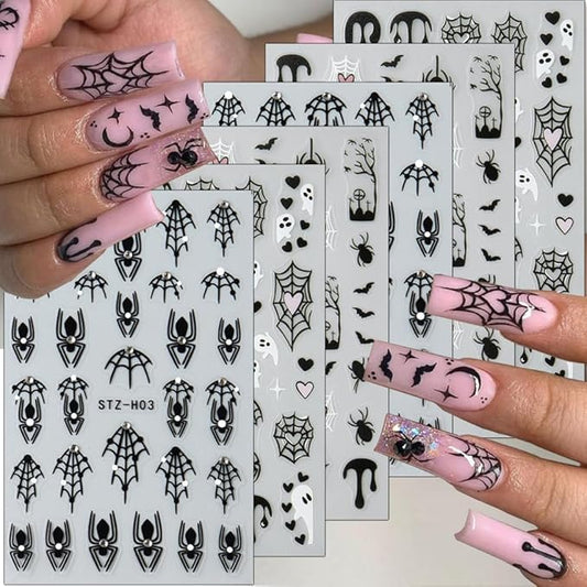 6Pcs Halloween Nail Stickers 3D Spider Web Nail Decals Ghost DIY Self Adhesive Spider Ghost Heart Nail Design Sticker Halloween Nail Decoration Supplies Holiday Manicure Accessories for Women Girls