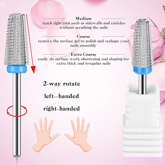 3 Pieces Nail Carbide 5 in 1 Bit, Nail Drill Bits Set-2 Way Rotate Use for both Left to Right Handed, 3/32 Inch Shank Size Drill Machine for Fast Remove Acrylic or Hard Gel (Silver)