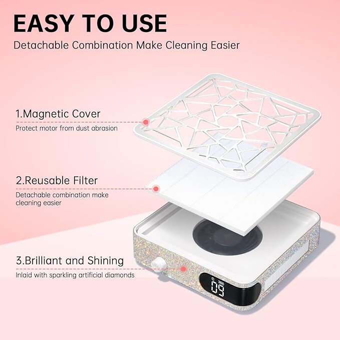 Nail Dust Collector, Cordless Dust Collector Nail Tech, Powerful Vacuum Fan Vent Dust Collector Extractor Dust Suction Machine for Acrylic Nails Polishing, Nail Salon, White Diamond