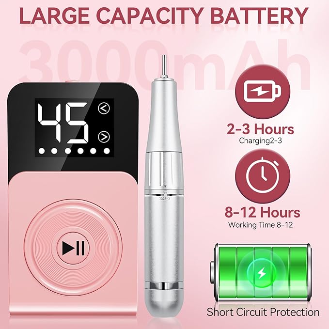 Nail Drill, Professional 45000RPM Electric Nail File with 12 Drill Bits Remover Gel Nail Polish Acrylic Nails Manicure for Salon Home(Pink)