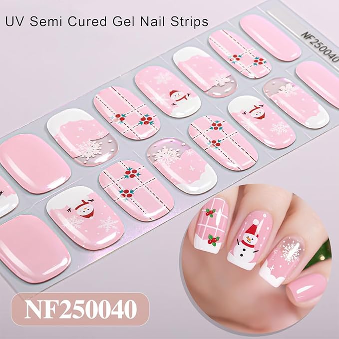 Christmas Semi Cured Gel Nail Strips, 16 Pcs Winter Xmas Gel Nail Stickers Snowman Snowflake Designs Pink Wraps for UV/Led Manicure Lamp Nails Art Decorations