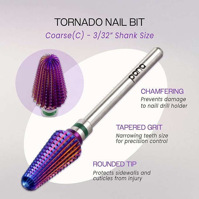 PANA 3/32" Purple Tornado Carbide Nail Drill Bit for Acrylics, Nail Extension, Gel Polish Removal Nail Salon Manicure Pedicure Electric File Tools (Coarse - C)