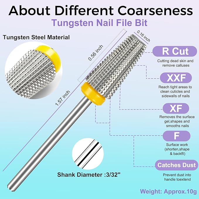 Fantexy 5 in 1 Nail Drill Bits,Professional 3/32" Shank Tungsten Steel Bits for Acrylic Nails,Manicure,Nail Art,Drill Machine,Both Left and Right Handed - Two Way Rotate Use (Extra Fine - XF)