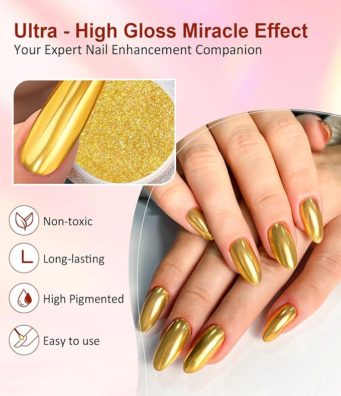 Chrome Nail Powder Kit 6 PCS - Gold Chrome Nail Powder with Pearl Chrome & Effect,Metallic Mirror Holographic Nail Powder for Gel Nails DIY Home Salon Manicure White Silver Pink Blue