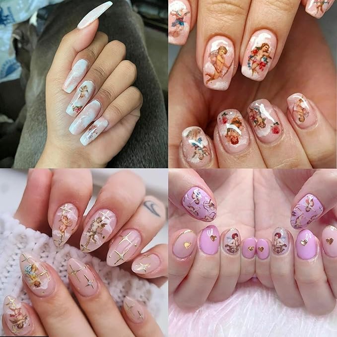 8 Sheets Angel Nail Art Stickers 3D Self-Adhesive Rose Flowers Nail Stickers Decals Cupid Love Heart Wings Nail Art Design Stickers Valentine's for Women Acrylic DIY Manicure Decorations