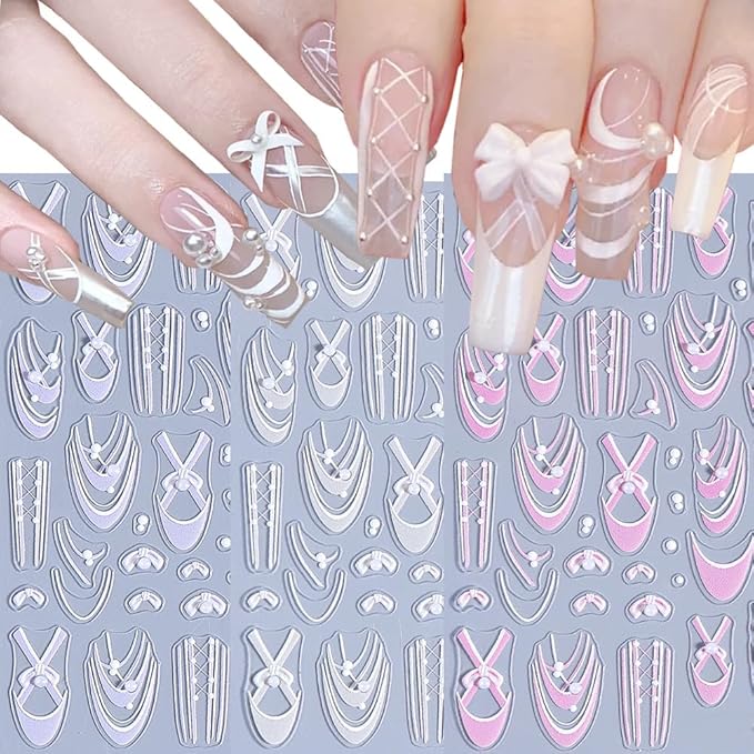3 Sheets French Bow Nail Stickers for Nail Art, 3D Self-Adhesive Pink Purple Bow French Nail Decals, French Nail Supplies Nail Art Designs Accessories for Women and Girls Manicure DIY Decoration