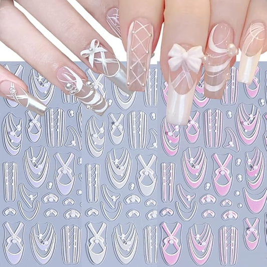 3 Sheets French Bow Nail Stickers for Nail Art, 3D Self-Adhesive Pink Purple Bow French Nail Decals, French Nail Supplies Nail Art Designs Accessories for Women and Girls Manicure DIY Decoration