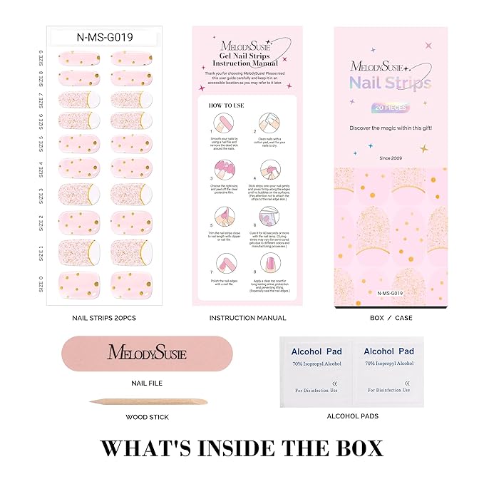 MelodySusie Semi Cured Gel Nail Strips, 20 PCS Gel Nail Stickers, UV Light Required, Durable & Salon Quality (Crystal Pink)