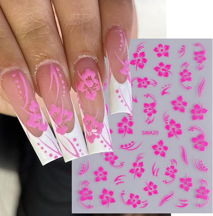 Flower Fall Stickers for Nails 10 PCS Brown Hibiscus Nail Art Decals 3/5D Self-Adhesive Pink Blue White Flowers Stickers Beach Autumn Nail Design DIY Charms Manicure Decoration Nail Supplies