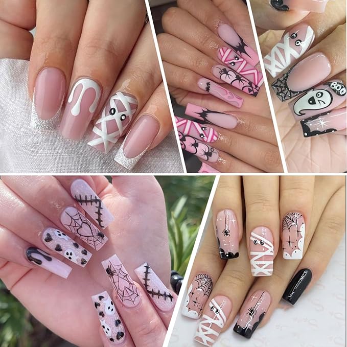 6 Sheets Halloween French Nail Stickers for Nail Art Cute Ghost Spider Web Bat Nail Decals Pink Glitter Pumpkin Blood Nail Design Stickers 3D Self-Adhesive Holiday Nails Art Supply for Women Manicure