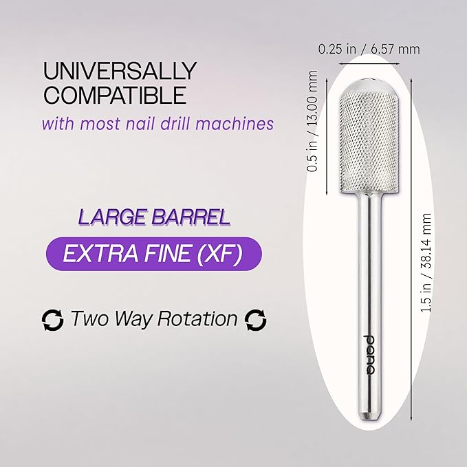 PANA 3/32" Large Smooth Round Top Safety Carbide Nail Drill Bit for Gel Polish & Acrylic Removal Nail Salon Manicure Pedicure Electric File Tools (Large Barrel - Silver, Extra Fine)