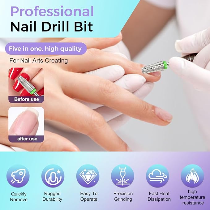 Fantexy 5 in 1 Nail Drill Bits,Professional 3/32" Shank Tungsten Steel Bits for Acrylic Nails,Manicure,Nail Art,Drill Machine,Both Left and Right Handed - Two Way Rotate Use (Coarse - C)