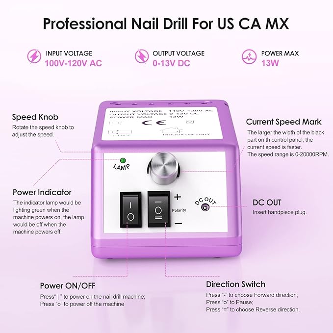 20000 RPM Professional Nail Drill Machine Efile Electric Nail Filer Kit for Finger Toe Nails, Acrylic Gel Dip Nails, Manicure Pedicure Drill with 6Pcs Bits and 106Pcs Sanding Bands, Purple