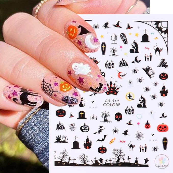 Halloween Nail Stickers for Nail Art 3D Cute Pumpkin Skull Ghost Nail Decals Spooky Design Witch Black Cat Gothic Nail Art Stickers Spider Web Halloween Nail Charms for Nail Decoration Supplies 8Pcs