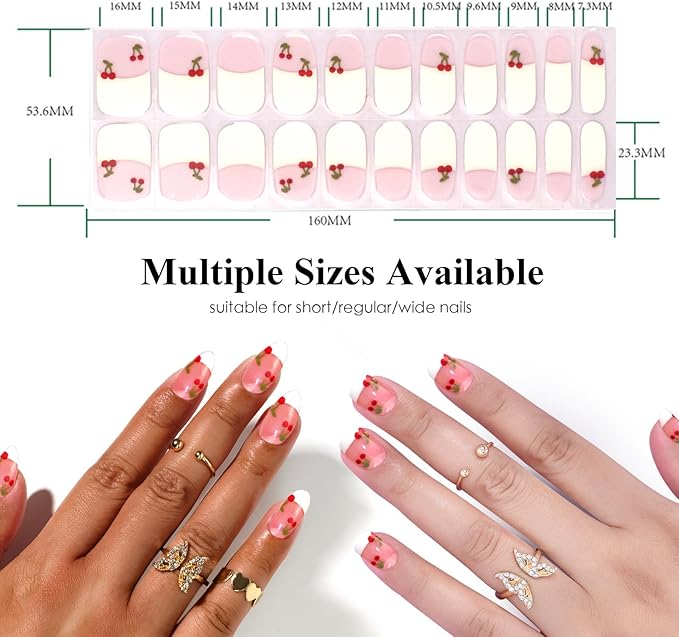 Semi Cured Gel Nail Strips Cute Cherry Gel Stickers French White Salon Quality DIY Nail Wraps Manicure Stickers for Easy Application