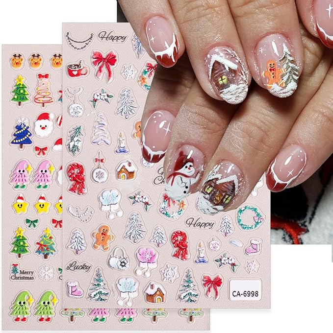 4 Sheets Christmas Nail Stickers for Nail Art, Cute Santa Claus Xmas Tree Christmas Nail Art Stickers 5D Embossed Snowmen Snowflake Design Winter Nail Decals for Women Holiday Manicure Decoration