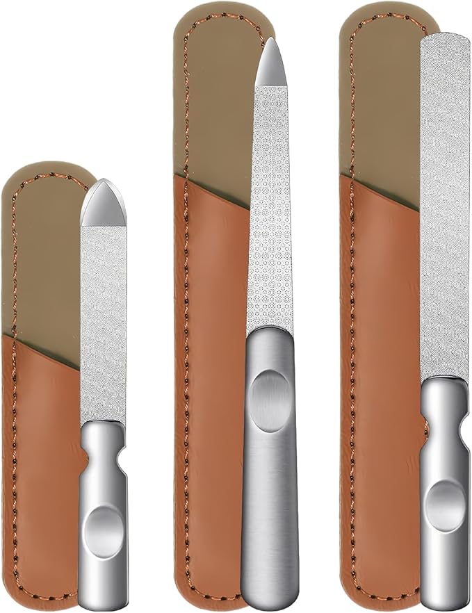Metal Nail File (3 Pcs), Nail Files for Natural Nails & Toenails, Thick Nails Made of Stainless Steel, Double Sided Metal Nail Files with Anti-Slip Handle for Fingernail Toenail, Home or Salon Use