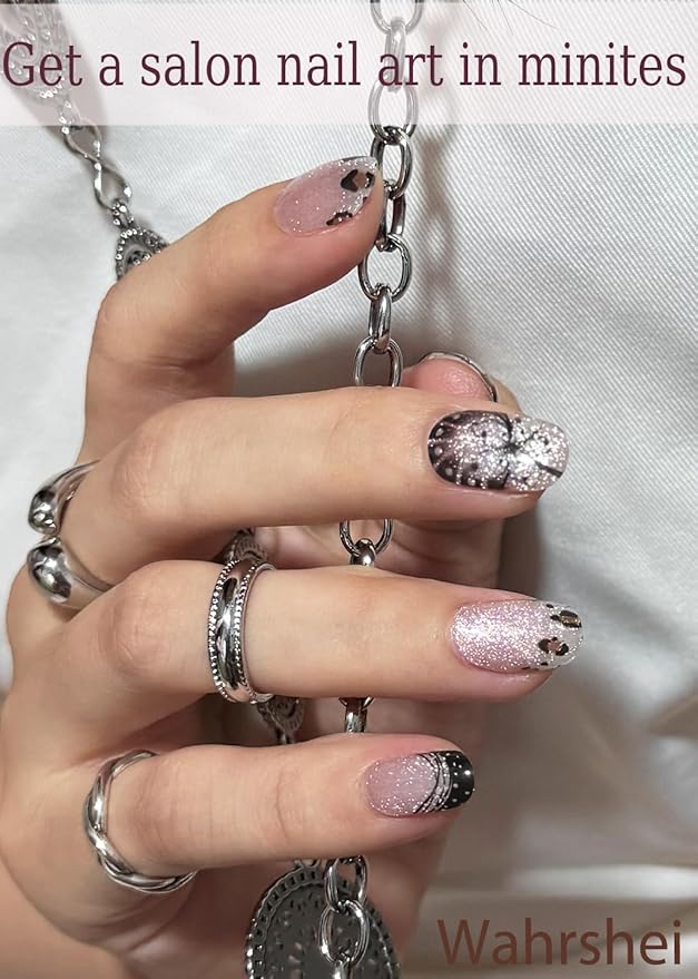 Semi Cured Gel Nail Strips, French Leopard, Cat Eye 20pcs Adhesive UV Sticker, Wraps for Home Manicure DIY