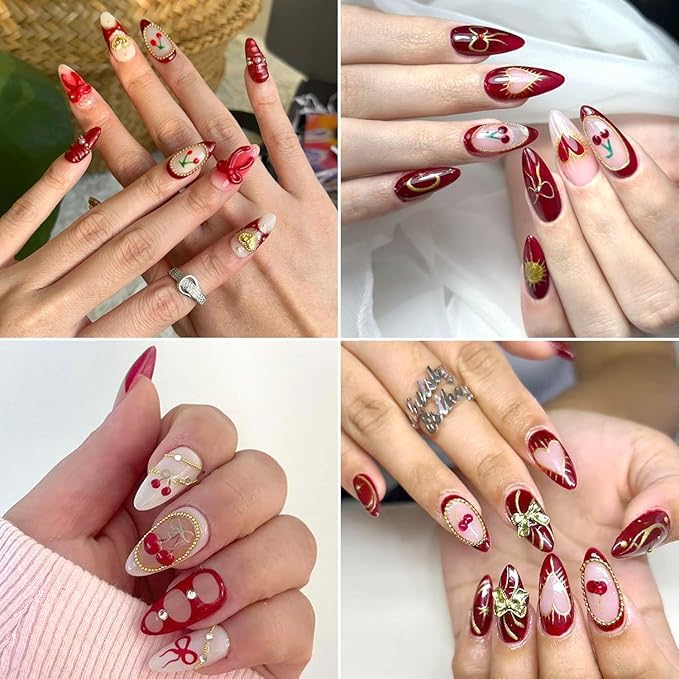 2Sheets Christmas Nail Art Stickers 5D Embossed Holly Nail Decals with Gold Beads Frame Designs Nail Stickers Self-Adhesive Red Bow Nail Decal Gold Heart Nail Sticker for Women Nails Decor Supplies