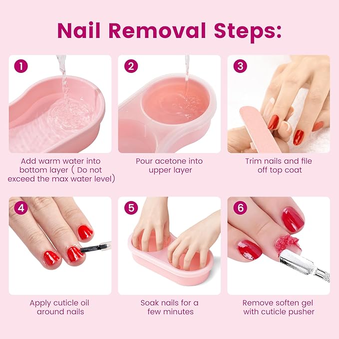 Quaferen Dual Nail Soaking Bowl: 3nd Generation 2-in-1 Manicure Bowl Acetone Proof for Women, Time-Saving Soak Off Gel Nail Polish Dip Powder Acrylic Removal Kit for Salon Home (Normal Size, Pink)