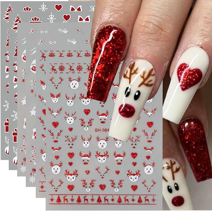 Christmas Nail Art Stickers Deer Antler Christmas Nail Decals 3D Self-Adhesive Nail Art Supplies 6PCS Red Bell Xmas Trees Santa Claus Elk Xmas Design Nails Adhesive Stickers for Women Nail Decorations