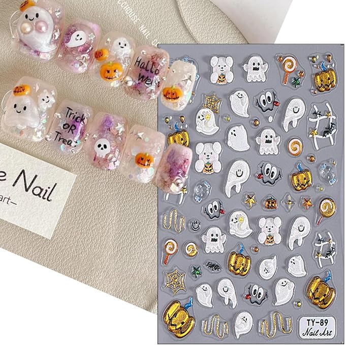 2Sheets 5D Cute Ghost Nail Art Stickers Embossed Cartoon Skull Bat Pumpkin Nail Decals Spooky Halloween Nail Stickers Fall Holiday Nail Design Decals Decoration for Women DIY Manicure Supplies