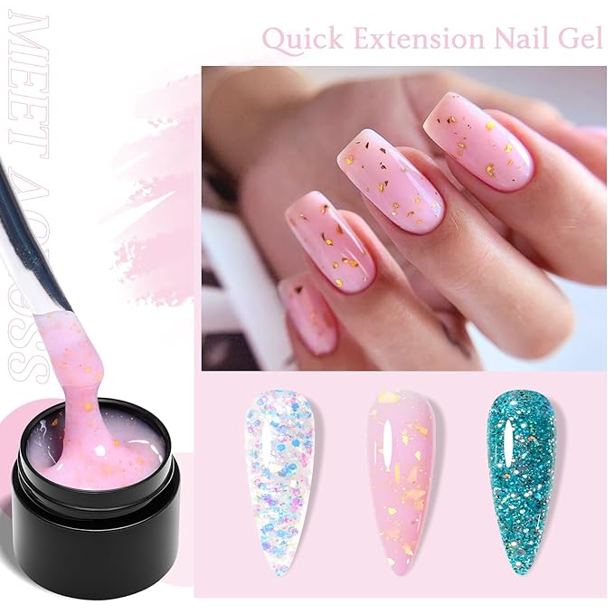 MEET ACROSS Poly Nail Gel 8Pcs Nail Extension Gel Set and Nail Extension Starter Kit for Beginners Nail Art DIY Home Gifts for Women (Glitter + Gold Foil, 8pcs)
