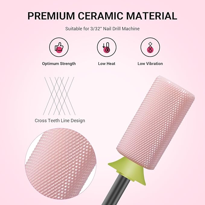 MelodySusie Ceramic Nail Drill Bits, 3/32'' Chamfer Flat Top Large Barrel Bits, Fast Remove Acrylic or Hard Gel, Nail Tool for Manicure Pedicure, Salon Home, Professional or Beginner, Pink, Extra Fine