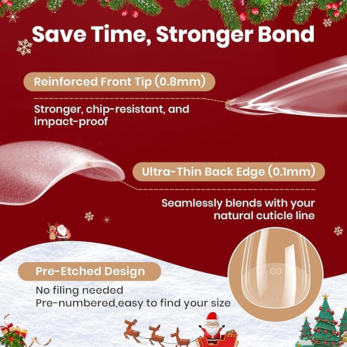 Beetles Gel Nail Kit Flat-X Christmas Limited Set, Almond Short , 320pcs 16 Sizes, with 15g Hands-free Solid Nail Glue Gel, Mini Lamp, Pre-Etched Half Matte Nail Extension Set for Home DIY