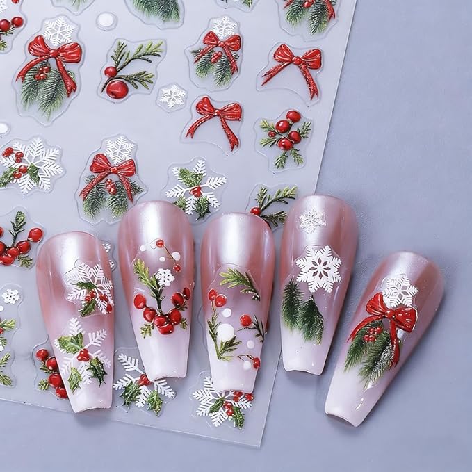 4Pcs Christmas Nail Stickers Red Bow Christmas Tree Leaf Nail Decals DIY Self Adhesive Snowflake Flower Group Cute Snowman Design Nail Decoration Supplies Holiday Manicure Accessories for Women
