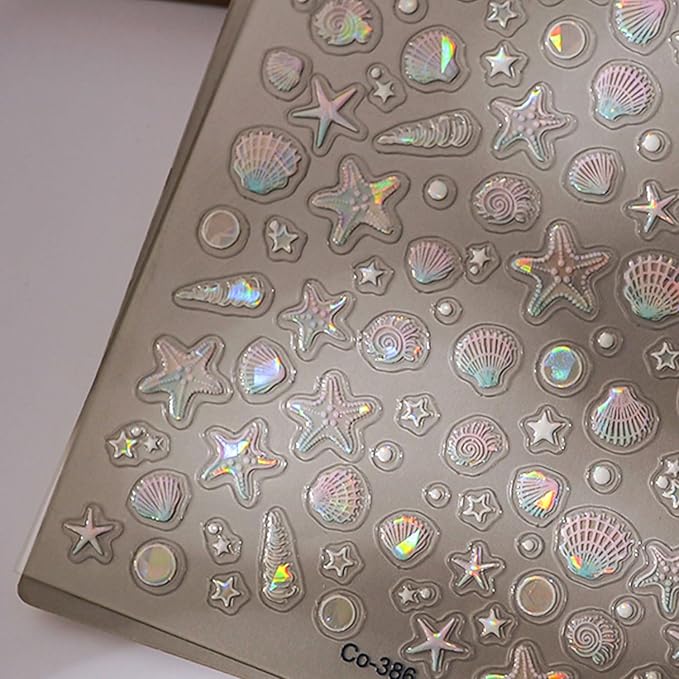Shell Starfish Nail Stickers Summer Nail Decals 5D Embossed Nail Art Stickers Aurora Ocean Theme with Pearl Design Cute Nails Supplies for Women