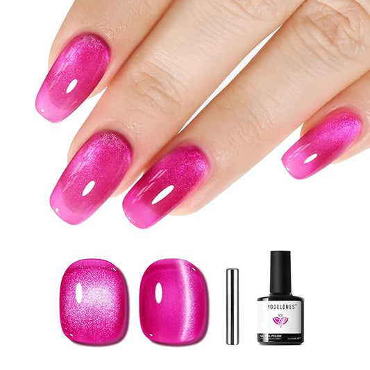 modelones Glassy Cat Eye Gel Nail Polish Glitter Holographic Hot Pink Cat Eye Pink Shimmer Reflective Translucent U v Gel Magnetic Nail Polish Top Coat for Women Girl 15ML