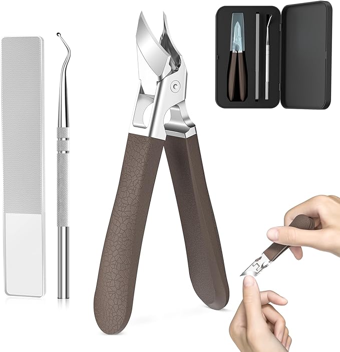 Eagle Beak Slanted Nail Clippers for Thick & Ingrown Toenails, Wide Jaw Opening Anti-Splash Angled Toenail Cutter with Curved Blade, Cuticle Clippers for Seniors, 3-Piece Set with Case