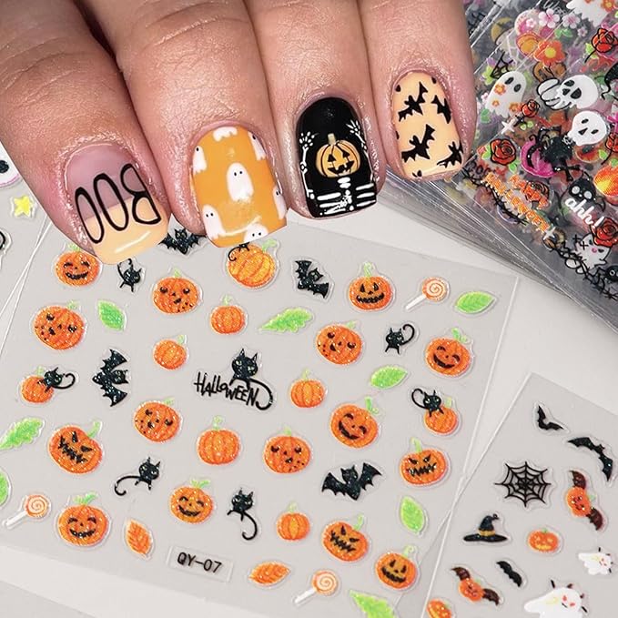 30Sheets Halloween Dark Style Nail Art Sticker 3D Halloween Ghost Bat Nail Stickers Pumpkin Spider Nail Design Slider Multi-Elements Halloween Sticker Decal for Acrylic Nails Manicure Accessory Decor