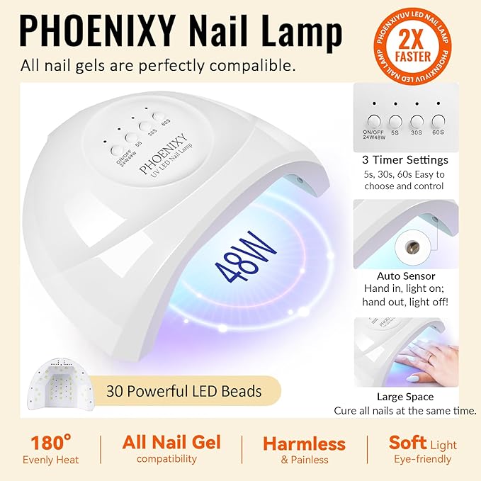 phoenixy Gel Nail Polish Kit with U V Light 74 Pcs Gel Nail Set 55 Colors Nail Polish Set Orange Series Complete Nail Kit with Base Coat & 4 Effects Top Coat Manicure Tools Gifts for Women