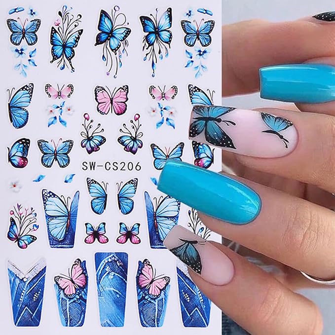 6Pcs Butterfly Nail Stickers for Nail Art Spring Flower Nail Decals French Tip Nail Art Stickers Retro Blue Pink Butterflies Floral Nail Design Supplies Cute Nail Decoration for Acrylic Nails Charm