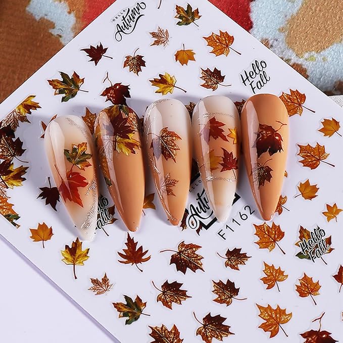 Fall Nail Art Stickers Autumn Maple Leaf Nail Decals 6PCS Autumn Leaves Deer Design 3D Self-Adhesive Nail Art Decorations Supplies Fall Stickers for Nails Women Thanksgiving Day DIY Manicure Decor