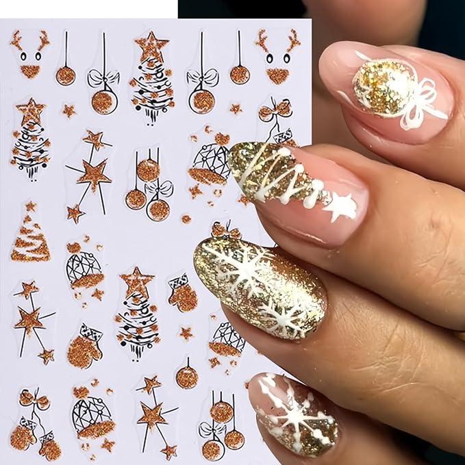 6 Pcs Christmas Nail Art Stickers 3D Self-Adhesive Colorful Light String Design Nail Decals Gold Glitter Christmas Tree Snowball Elk Holly Leaf Nail Supplies DIY Christmas Nail Decoration for Women