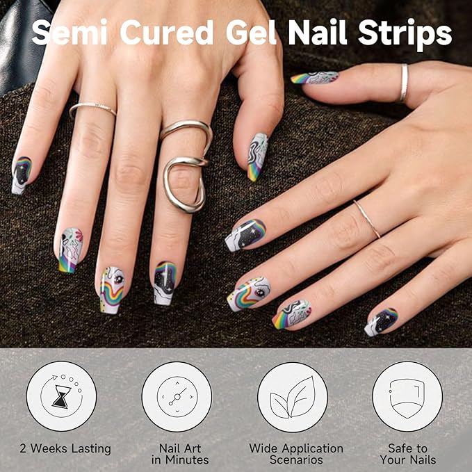 Semi Cured Gel Nail Strips (Rainbow), 28 pcs Gel Nail Stickers, Work with Any UV Lamps, Long-Lasting NailWraps for Women DIY Gift, Easy to Apply & Remove, Salon-Quality