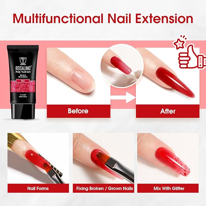 ROSALIND 2 oz Red Poly Nail Gel, Big Tubes Builder Red Gel for Nail Art Decoration, Nail Thickening Poly Nail Gel Easy to DIY Use at Home Need UV Lamp