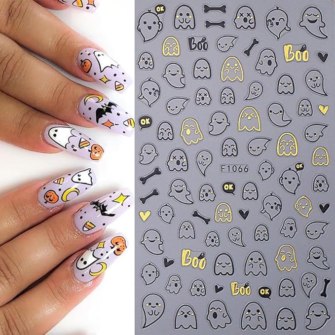 8PCS Halloween Nail Stickers for Nail Art - 3D Metallic Spider Web, Ghost, Pumpkin, Skull, Stars, Cat Designs - Black Gold DIY French Manicure Decor