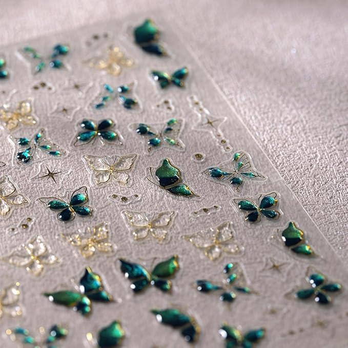 Butterfly Nail Stickers 5D Embossed Gold Green Butterfly Nail Art Sticker Self Adhesive Nail Decals Summer Nail Art for Women Girls Manicure DIY Nails Supplies