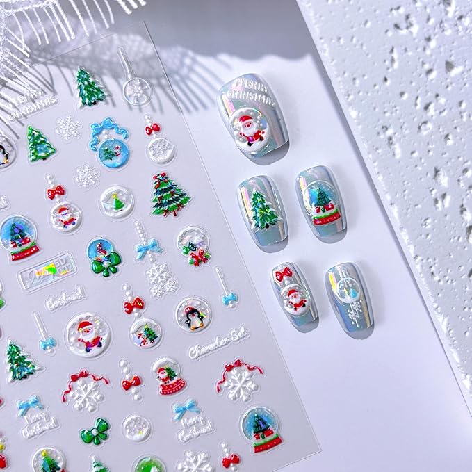 Christmas Nail Stickers 5D Embossed Christmas Lights Tree Nail Art Stickers Xmas Snowflake Nail Decals Self-Adhesive Penguin Design Sticker Holiday Nail Decoration for Women Manicure Accessories 4Pcs